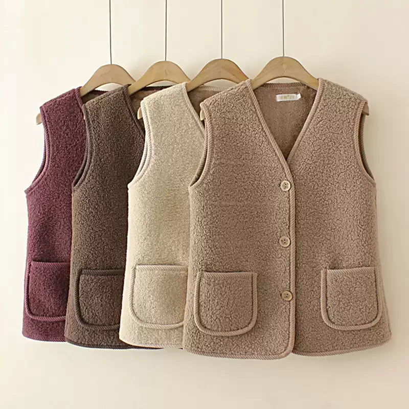 Winter Warm Fleece Vest for Mom Thickened Lamb Wool Plus Size Sleeveless Jacket for Elderly Women
