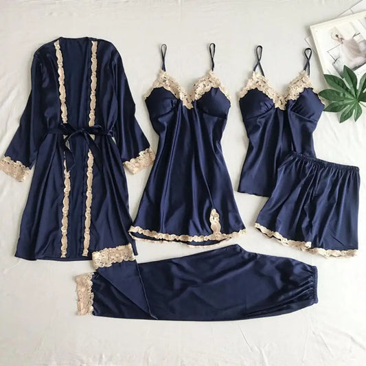 Long & Short Nightgown Set – Elegant Satin Lace 5PCS Women’s Pajama Set with Lace-Up Waist, Silky Comfortable Nightwear