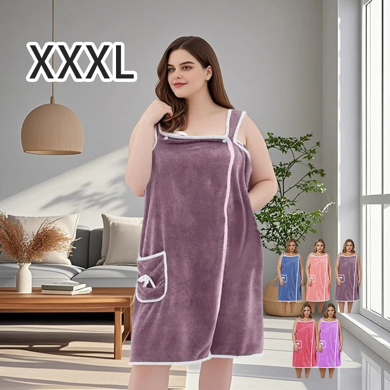 Women's Plus Size Wearable Bath Towel – Cute Bow Adjustable Shower Skirt Bath Robe with Pocket