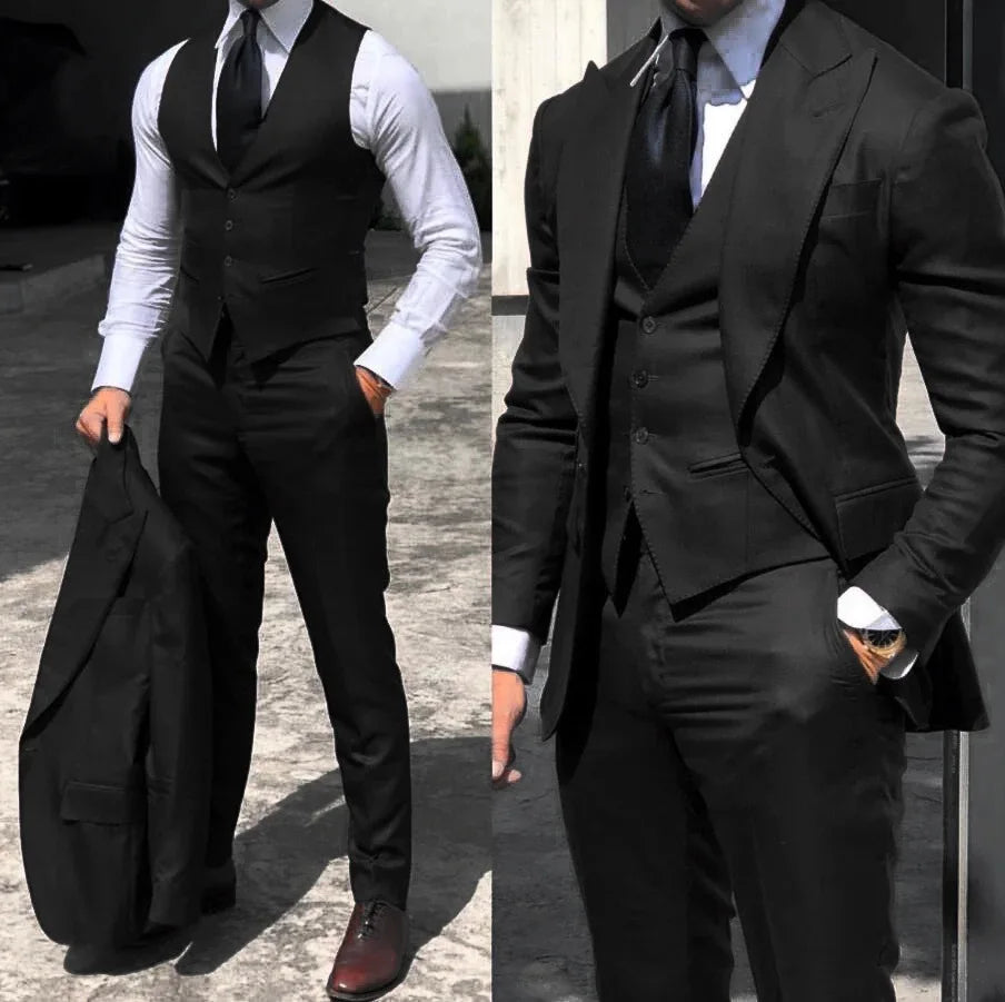 Men’s Black Three-Piece Suit – Slim Fit Business, Wedding & Formal Tuxedo