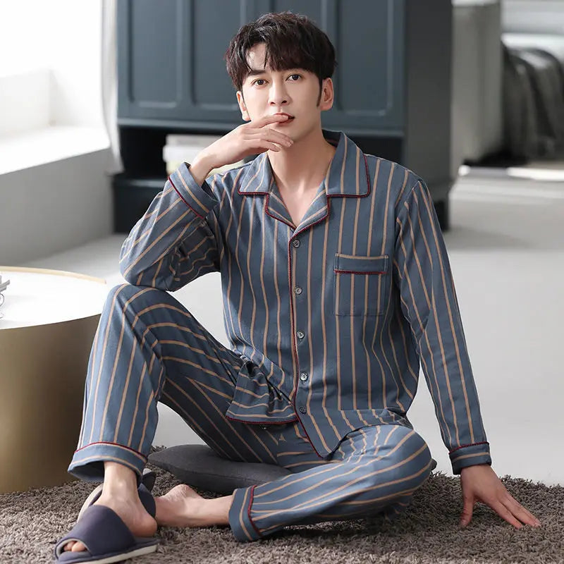 Men's Fall & Winter Cotton Pajama Set | Long Sleeve Top & Pants | Thin Comfortable Homewear for Middle-Aged Men