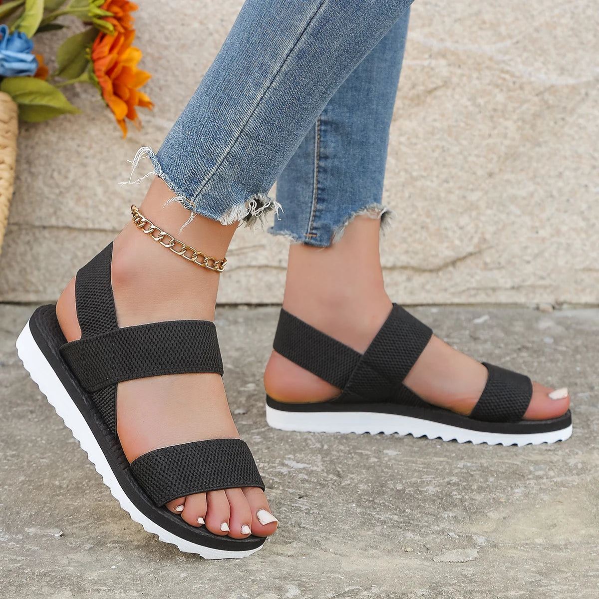 Women’s Fashion Flat Sandals – Anti-Slip Comfortable Black Shoelace Summer Shoes
