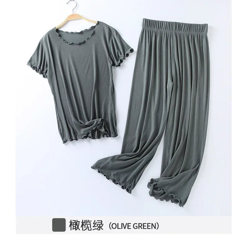 Japanese Summer Cotton Modal Pajama Set for Women | Short Sleeve Nine Point Pants | Large Size Home Sleepwear Suit