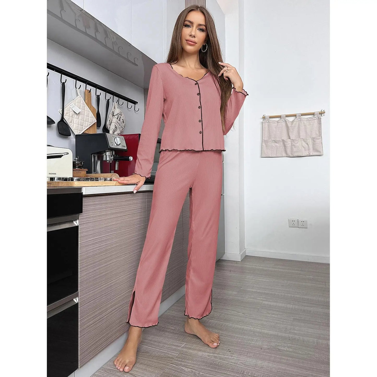 Europe Hot-Selling Women's Pajama Set | Autumn Winter Pinstripe Cardigan & Long Pants Loungewear