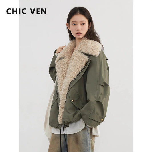 CHIC VEN Women Streetwear Loose Retro Motorcycle Cotton Jacket Thick Warm Overcoat Autumn Winter 2024