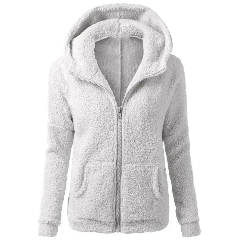 Autumn Winter 2025 Women's Hoodie Zipper Coat Casual Solid Soft Fleece Jacket