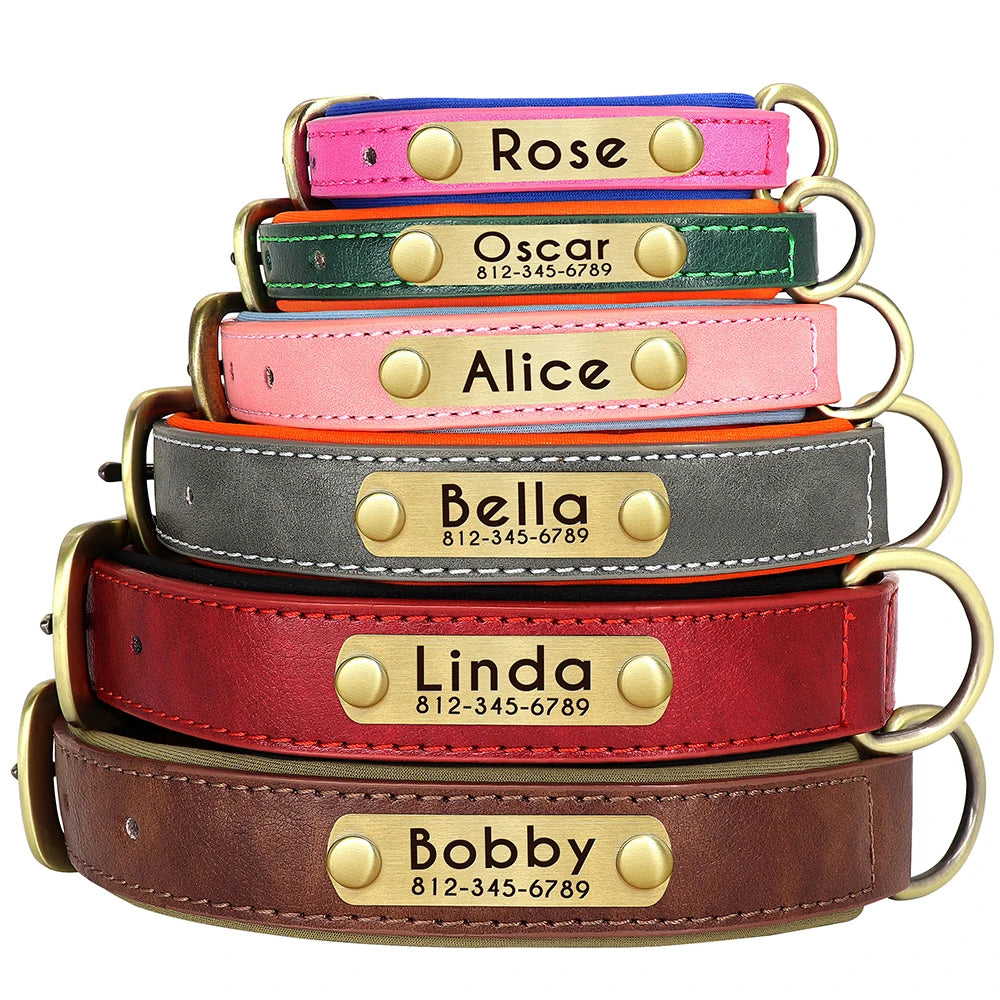 Custom PU Leather Dog Collar – Soft Padded with Engraved Nameplate, Adjustable for Small, Medium & Large Dogs