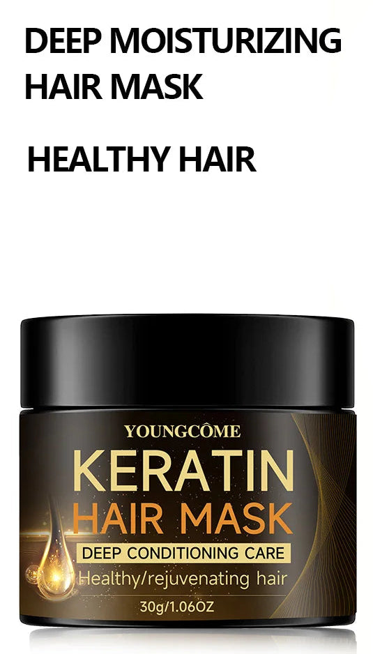 Keratin hair mask jar with a woman's face on a white background