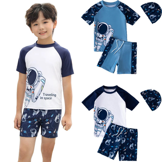 Boys Short Sleeve Swimsuit Set Astronaut Cartoon Quick Dry Kids Beachwear