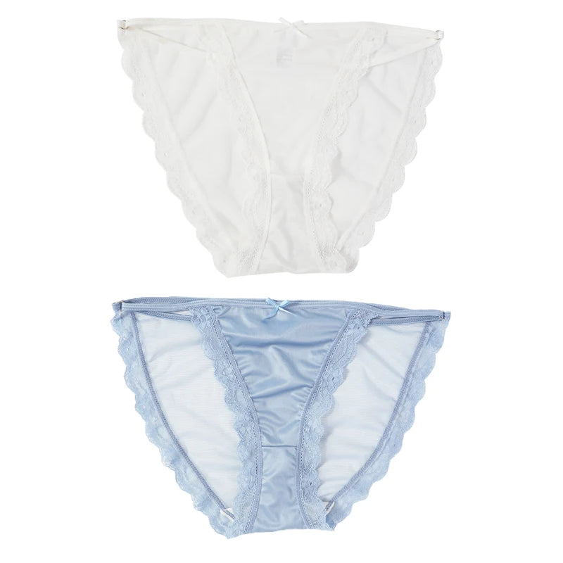 2PCS Women's Mesh Satin Ice Silk Low Rise Panties Soft Breathable Sexy Lace Underwear