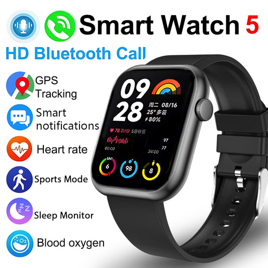 ساعة الموضة الجديدة 5 للرجال والنساء - شاشة AMOLED عالية الدقة، معدل ضربات القلب، مكالمات بلوتوث، NFC، نظام تحديد المواقع العالمي (GPS)