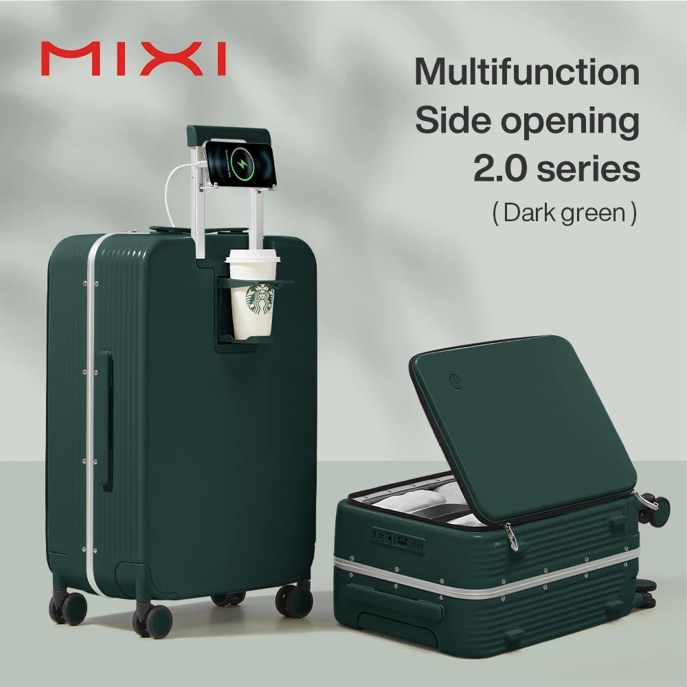 Mixi New Aluminum Frame Suitcase | Carry-On Rolling Luggage with USB, Cup & Phone Holder | 20/24 Inch Cabin Bag