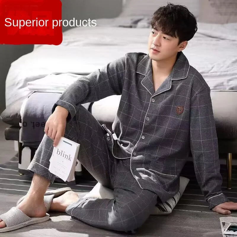 Men's Fall & Winter Cotton Pajama Set | Long Sleeve Top & Pants | Thin Comfortable Homewear for Middle-Aged Men