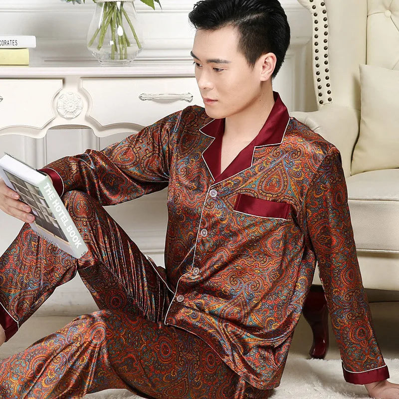 Men's High Quality Pajama Set | Spring & Autumn Thin Ice Silk Polyester Sleepwear | Long Sleeve Plus Size Summer Homewear