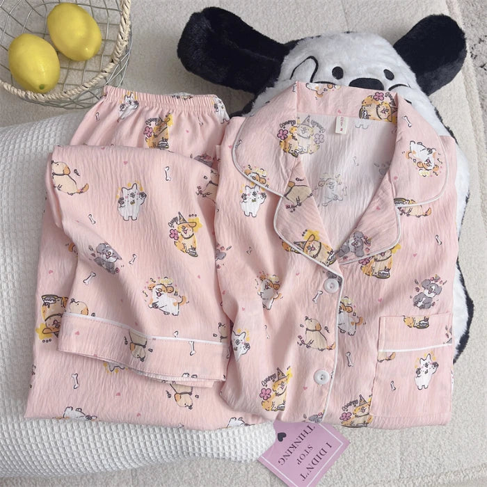 Autumn Women's Plaid Pajama Set | Korean Style Embroidered Dog 2-Piece Soft Vintage Sleepwear