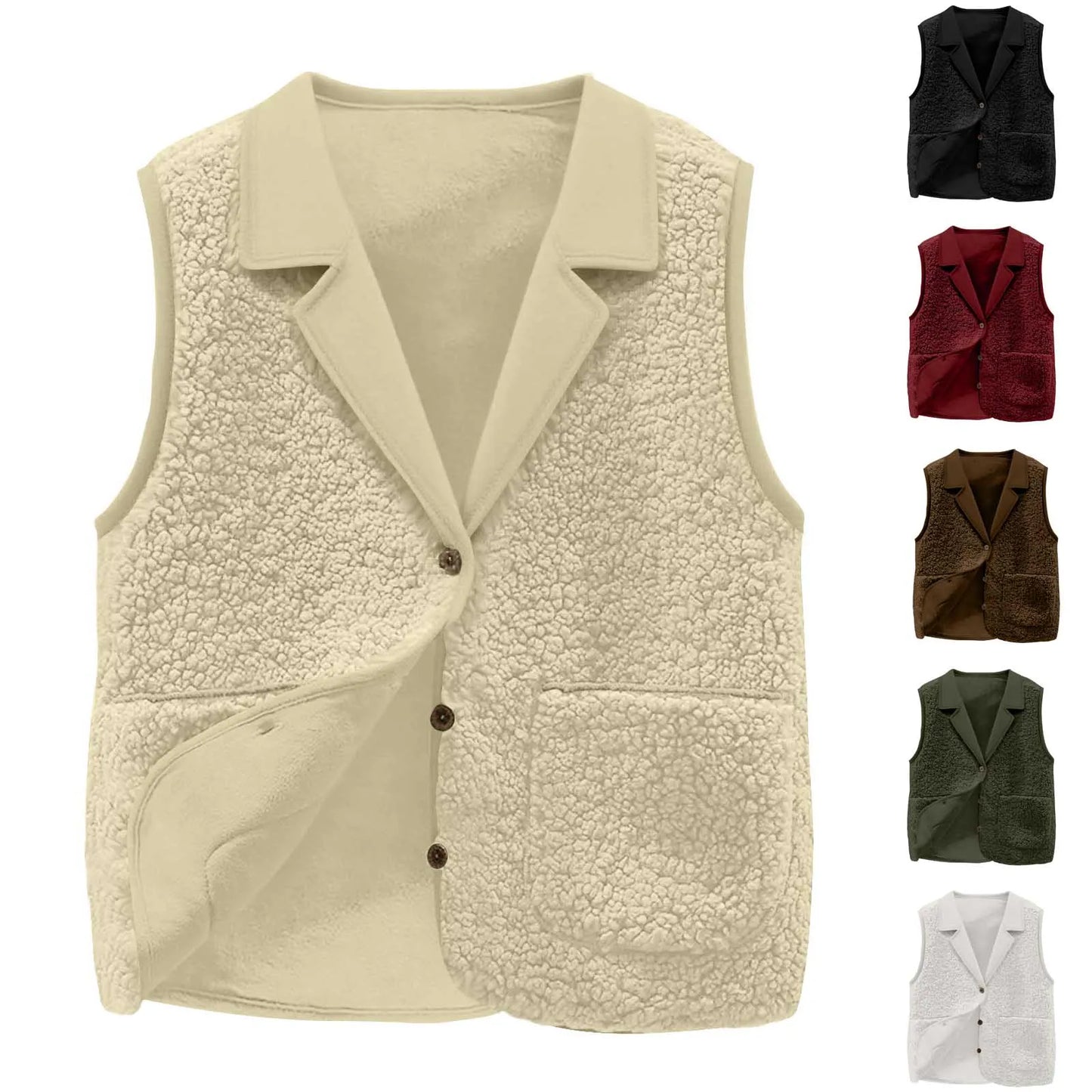 Women's Sherpa Fleece Vest Lapel Collar Button-Front Warm Sleeveless Jacket for Autumn Winter