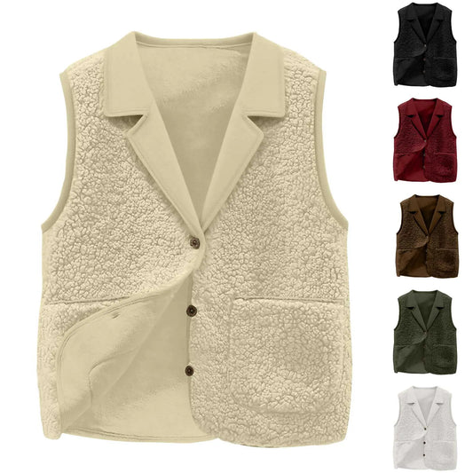 Women's Sherpa Fleece Vest Lapel Collar Button-Front Warm Sleeveless Jacket for Autumn Winter