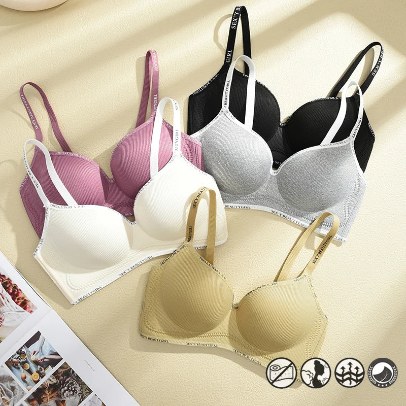 2Pcs Women’s Seamless Bra Set Solid Color Wireless Push Up Deep V Neck Letter Strap Underwear