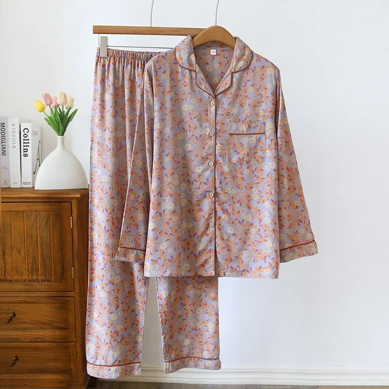 Spring/Summer Women's Viscose Pajama Set | Long Sleeve Top & Trousers | 3XL Plus Size Sleepwear Home Nightwear