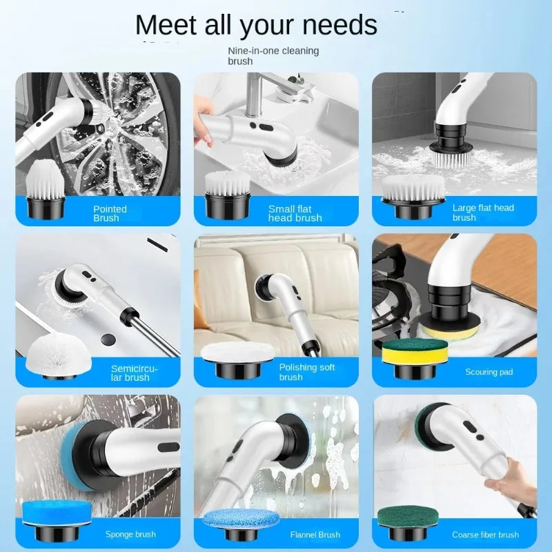 Nine in one multi functional handheld electric cleaning brush with telescopic function, bathroom floor and kitchen cleaning tool