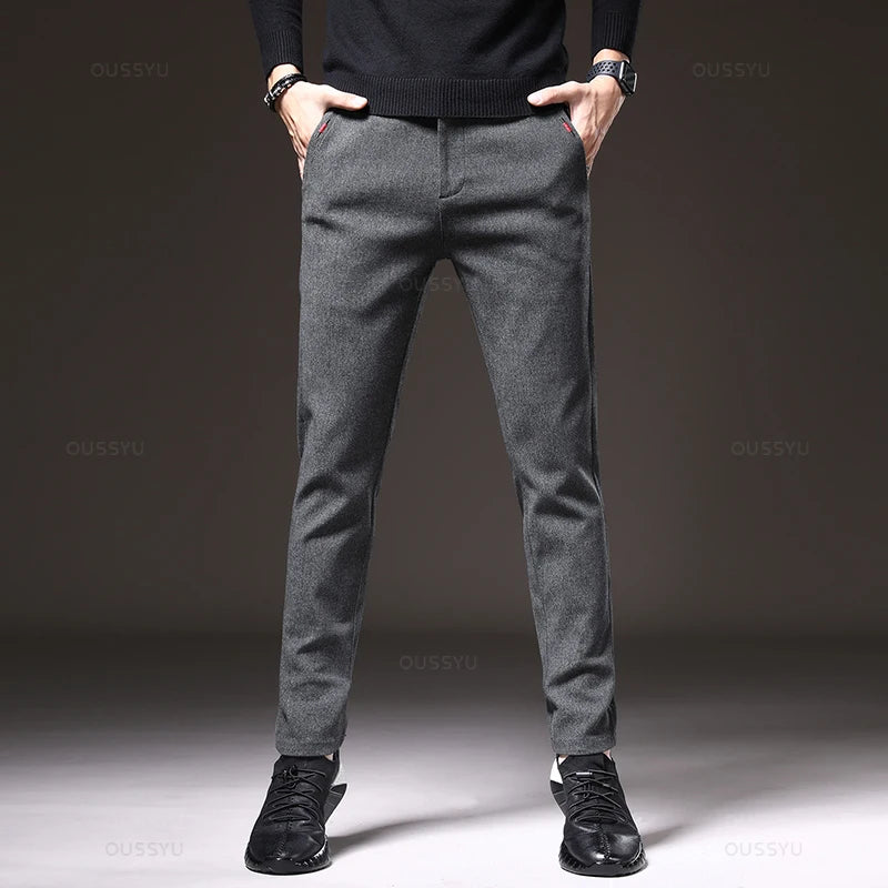 Men's Autumn Casual Pants – Slim Fit Elastic Waist Stretch Cotton Trousers Gray & Black