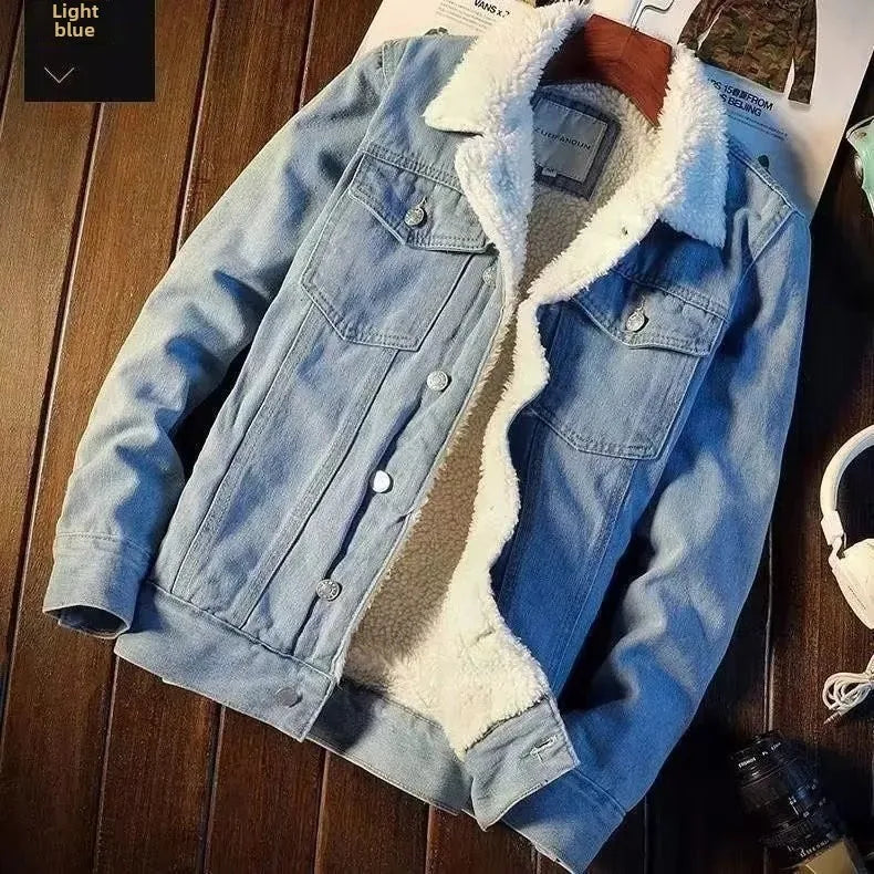 Men’s Vintage Denim Jacket – Loose-Fit Cotton Coat with Fleece Lining for Autumn/Winter