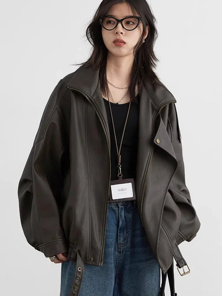 CHIC VEN Women PU Jacket Solid Loose Retro Standing Collar Motorcycle Faux Leather Coat Spring Autumn 2024