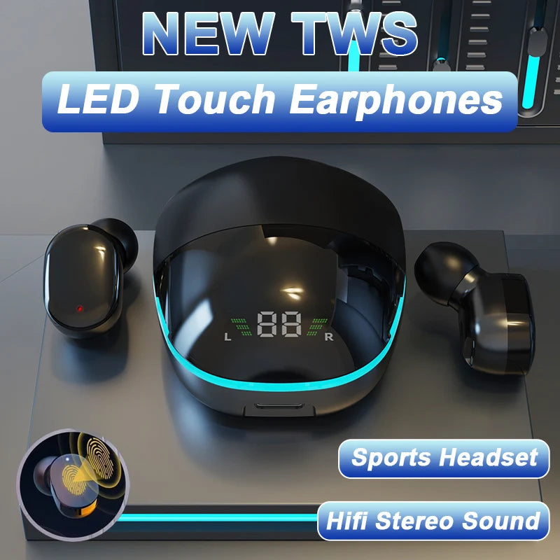 سماعات أذن بلوتوث مع شاشة LED | سماعات أذن لاسلكية ستيريو عالية الدقة، مقاومة للماء، ومضادة للضوضاء، ومناسبة للألعاب