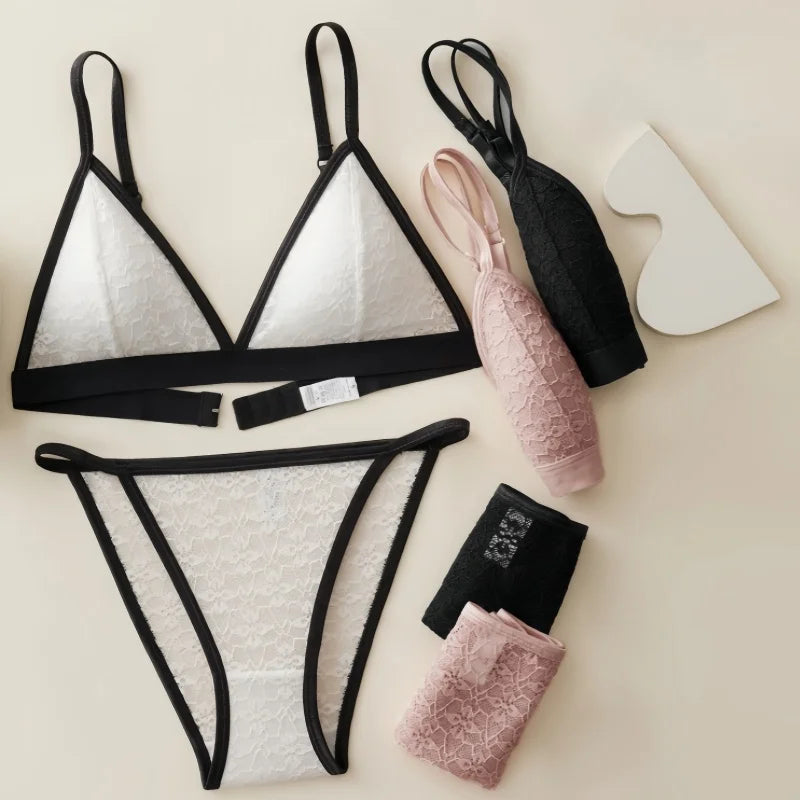 Women's Wireless Bra & Panties Set – Non-Wire Push Up Lace Bralette with Low Rise Panties, Sexy Lingerie