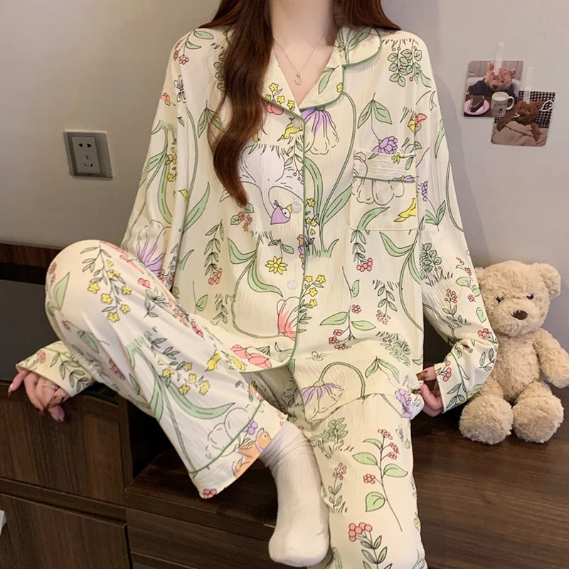Women's Pink Bow Pajama Set | Harajuku Style Long Sleeve Top & Elastic Waist Pants Sleepwear