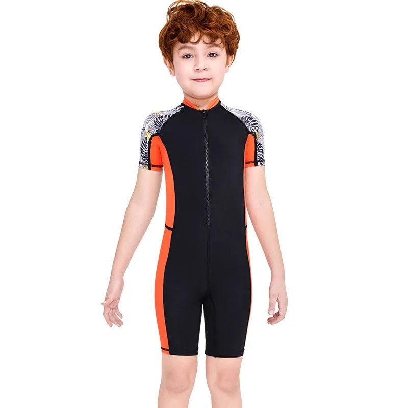 Boys One-Piece Swimsuit Long Sleeve Sun Protection Kids Swimwear with Cap