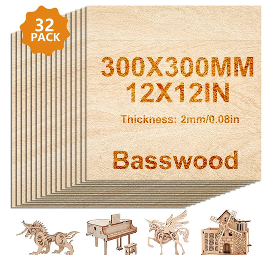 Unfinished Basswood Plywood – 4/8/16/32 Pieces, 12×12 Inch, 2mm Thick for DIY Crafts, Laser Engraving & Wood Burning