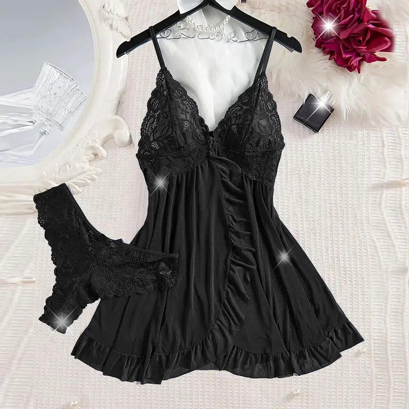 Summer Women's Sexy Sleepwear Set | Lace Sheer Backless V-Neck Nightdress with Thong | Soft Solid Color Pajamas