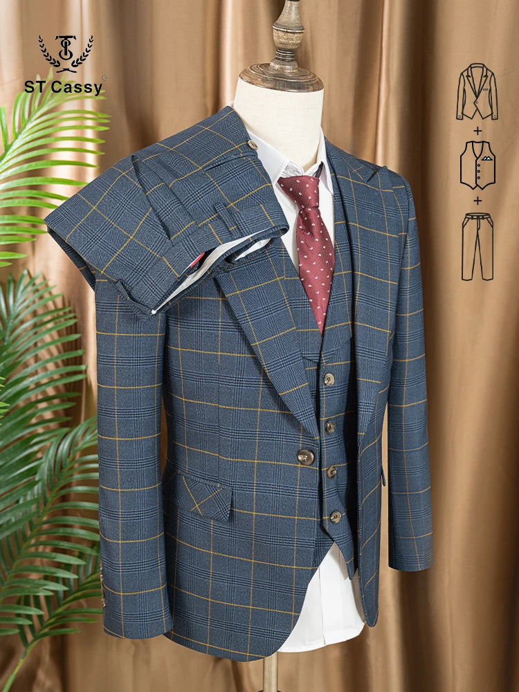 ST Cassy Men's 3-Piece Checkered Suit – Dark Blue Business, Wedding & Formal Outfit