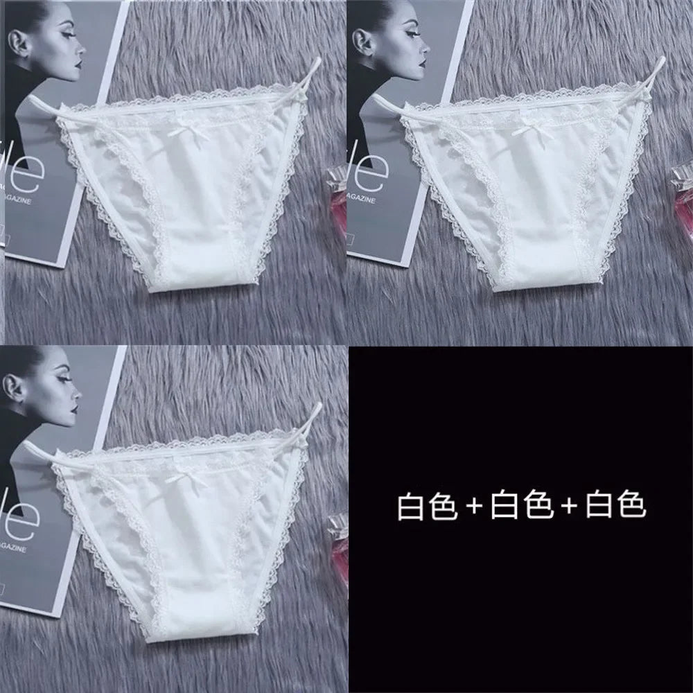 3PCS Women's Traceless Ice Silk Briefs Nylon Lace Trim Low Waist Breathable Cotton Crotch Panties