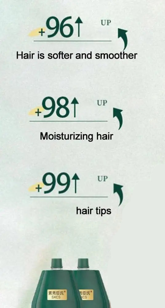 Person with long, black hair and text indicating hair improvement with a product.