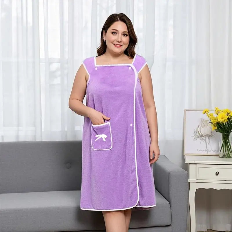 Women's Plus Size Wearable Bath Towel – Cute Bow Adjustable Shower Skirt Bath Robe with Pocket