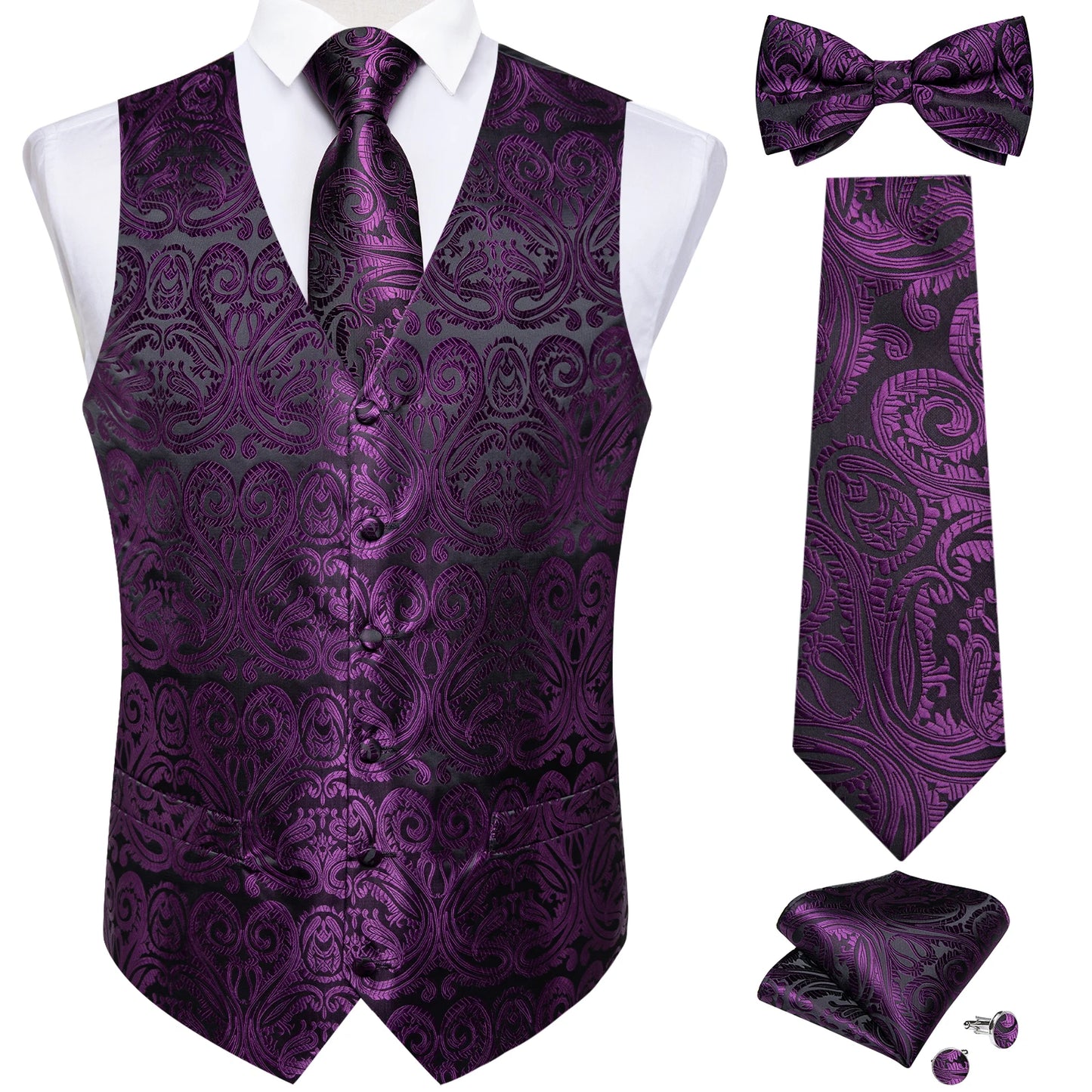 Men's Black Paisley Suit Vest with Necktie & Accessories – Formal Waistcoat for Wedding & Prom