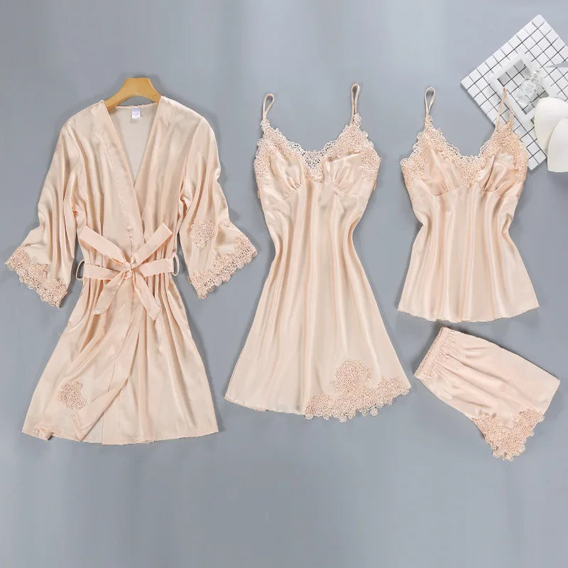 1/4/5PCS Women's Satin-Like Robe & Pajama Set | Lace V-Neck Cami Nightdress | Comfortable Home Sleepwear
