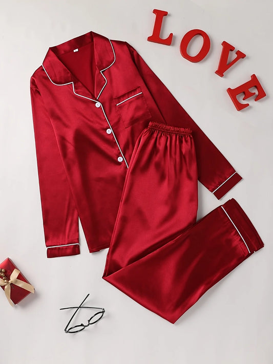 Women's Solid Pajama Set | Long Sleeve Button-Up Lapel Top & Pants Sleepwear Loungewear