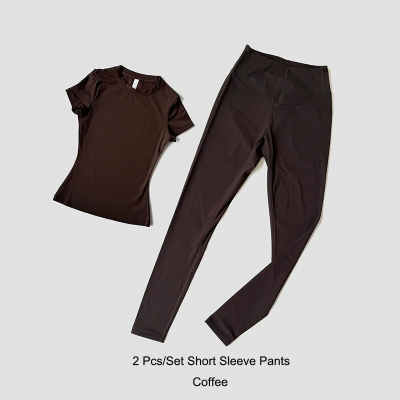 Quick-Drying Gym Leggings Set – Breathable Stretchy Slim Fitness Sport Suit with Short Sleeve Active Top