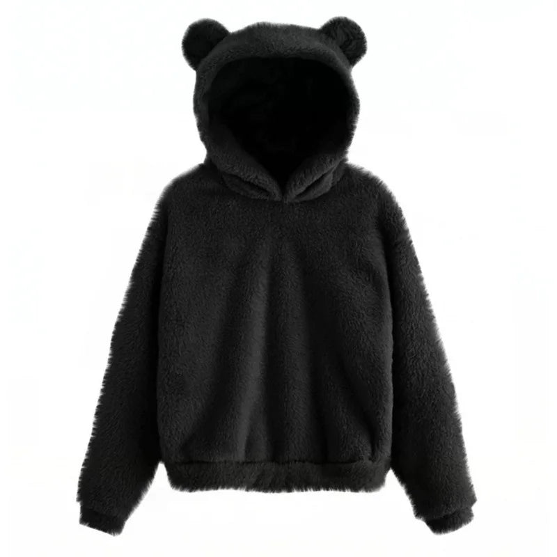 Autumn Winter Women's Long Sleeve Rabbit Ear Hood Plush Sweatshirt Cute Warm Hoodie