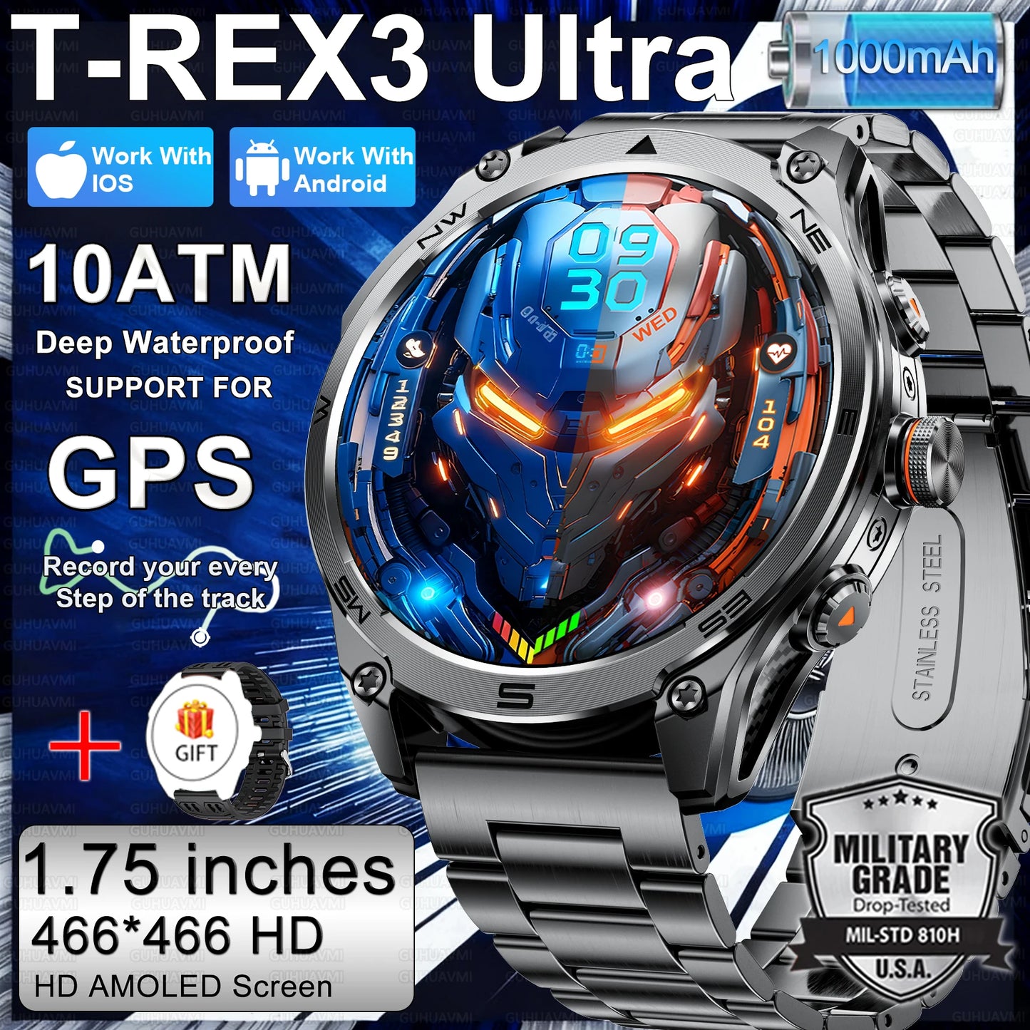 2026 New Military Smart Watch for Men – 1000mAh Battery, GPS Trace, Compass, 10ATM Waterproof, Tactics Sport, Flashlight & Call