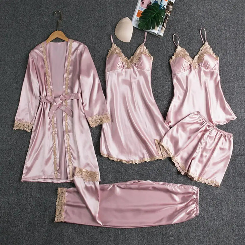 Long & Short Nightgown Set – Elegant Satin Lace 5PCS Women’s Pajama Set with Lace-Up Waist, Silky Comfortable Nightwear