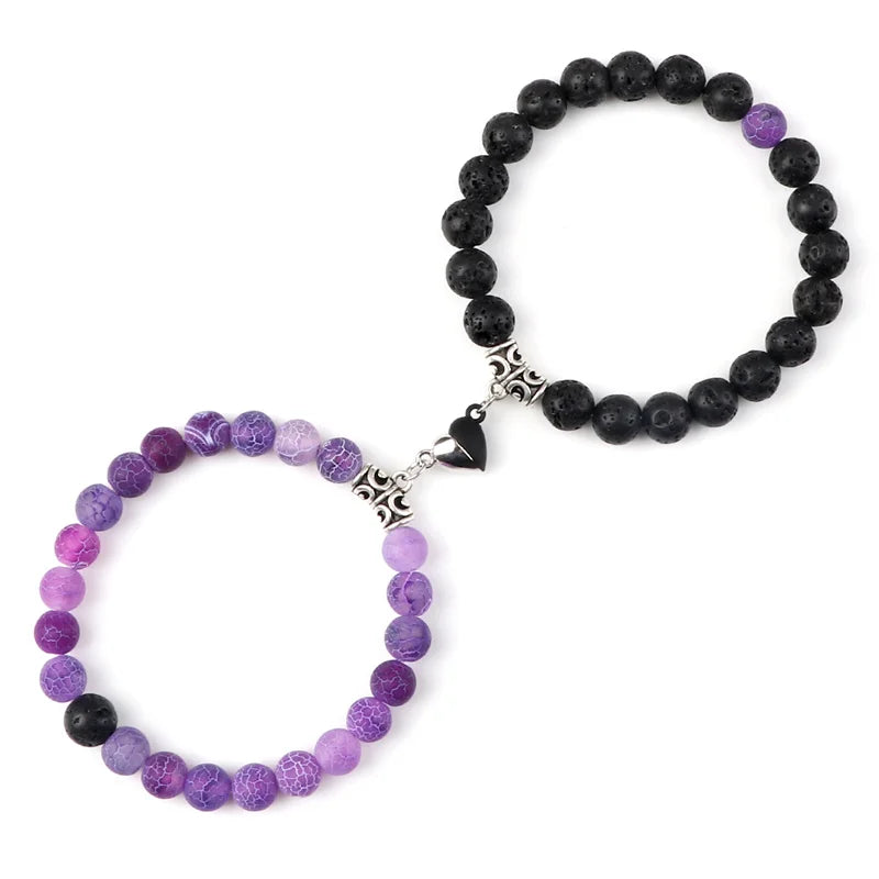2-Pcs Natural Stone Bead Couple Bracelets – Heart Magnet Distance Friendship Jewelry Gift for Lovers