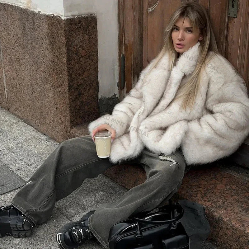 Neo Mint 2024 Winter Girls Oversized Gradient Faux Fox Fur Coat Thick Warm Fluffy Outerwear