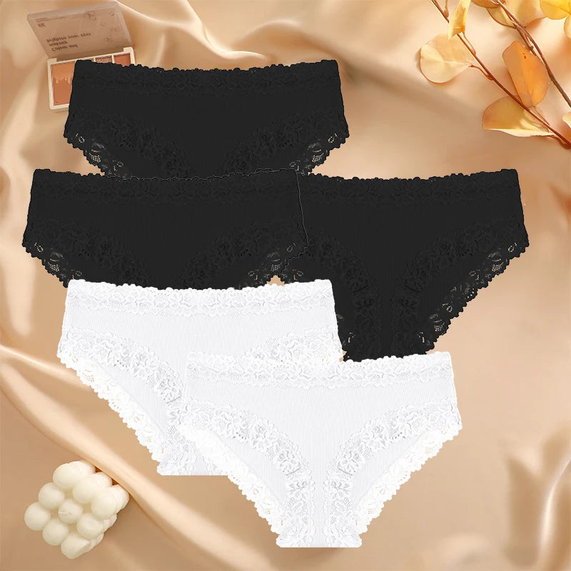 5PCS Set Women's Sexy Lace Cotton Low Rise Floral Panties Seamless Soft Breathable Underwear S-XL