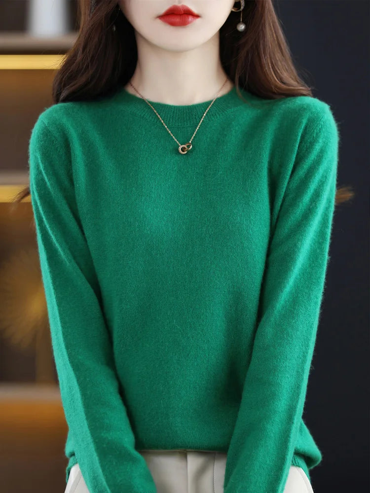 Fashion 100% Merino Wool Cashmere O-Neck Sweater Women Long Sleeve Knitwear