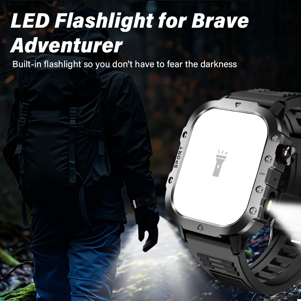 ساعة LAXASFIT الذكية للرياضة الخارجية | شاشة عالية الدقة 2.01 بوصة، مصباح يدوي LED، اتصال بلوتوث، ساعة ذكية لتتبع اللياقة البدنية للرجال والنساء