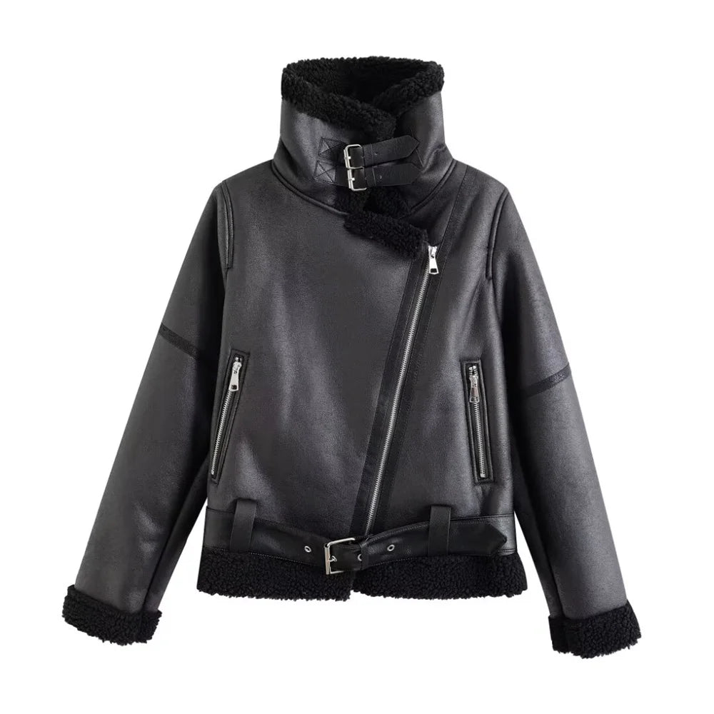 2024 Autumn/Winter Fashion Women's Fur Integrated Retro Motorcycle Jacket